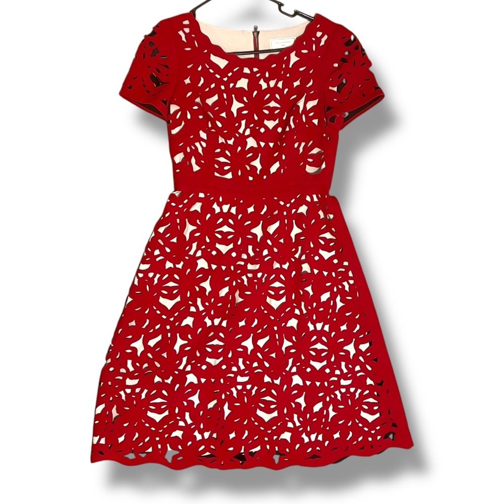 Anthropologie Moulinette Soeurs Aliz Laser Cut Red and Nude Dress